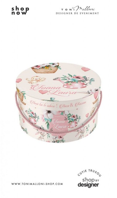 Cutie rotunda trusou botez cu flori si animale fundal galben pai primavara 3